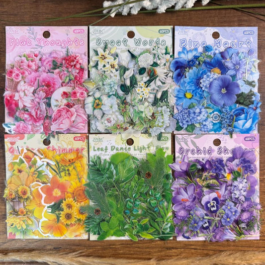Set de Stickers PET – Flores & Hojas (60 piezas) 🌸🌿✨