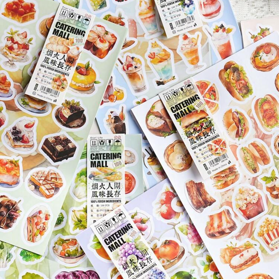 Set de Stickers Troquelados – Comidas Ilustradas (4 planchas) 🍰🍕✨