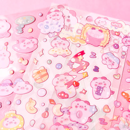 Set de Stickers Troquelados en PET – Cerdito Kawaii (4 planchitas) 🐷🎀✨