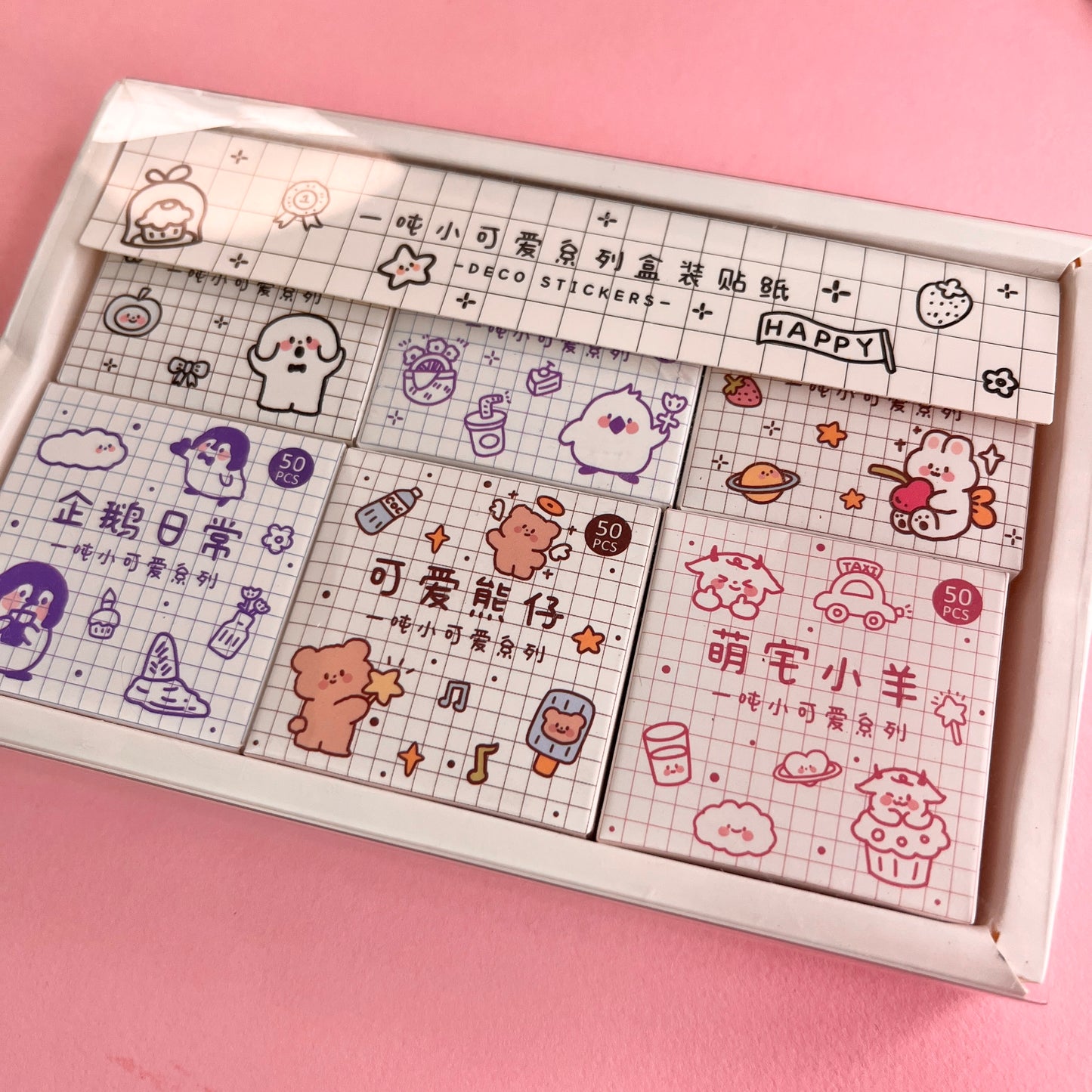 Set de 6 Cajitas Kawaii – 300 Stickers Adorables 🎀🐶🐥🐰🐧🐻🐐