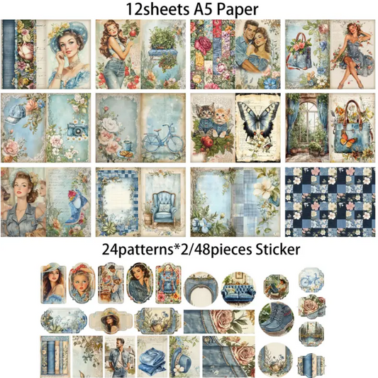 🌿 Blue Vintage – Set de Hojas Decorativas & Stickers 🌿